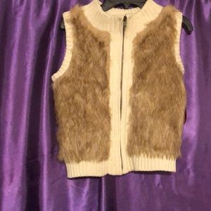 Beige Faux Fur Trim Girls Vest